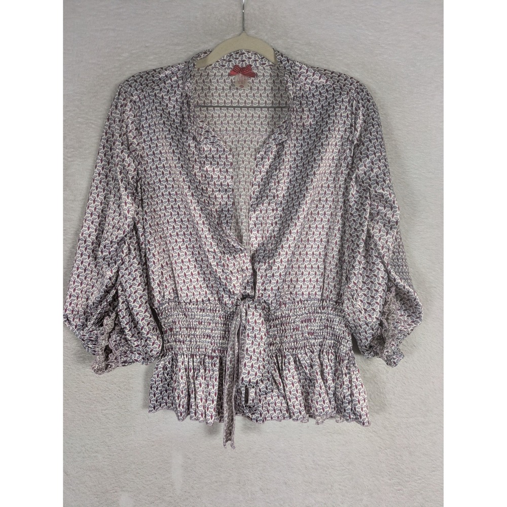 DownEast Basics Blouse Women's M White Purple Leaf Print Smocked Tie Peplum